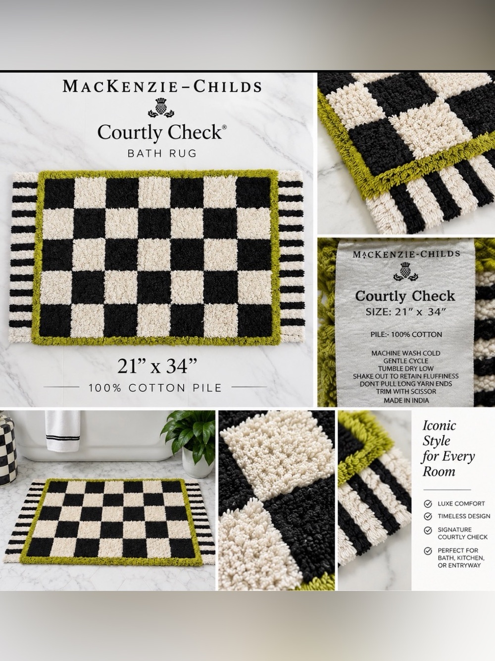 MacKenzie-Childs Courtly Check Bath Rug 21x34 Black White Green Cotton